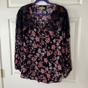 Democracy Floral Flowy Boho Vneck Long Sleeve‎ Blouse Lace Detail Black, Sz 1X